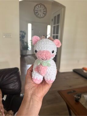 Strawberry Pink & White Crochet Cow Plush